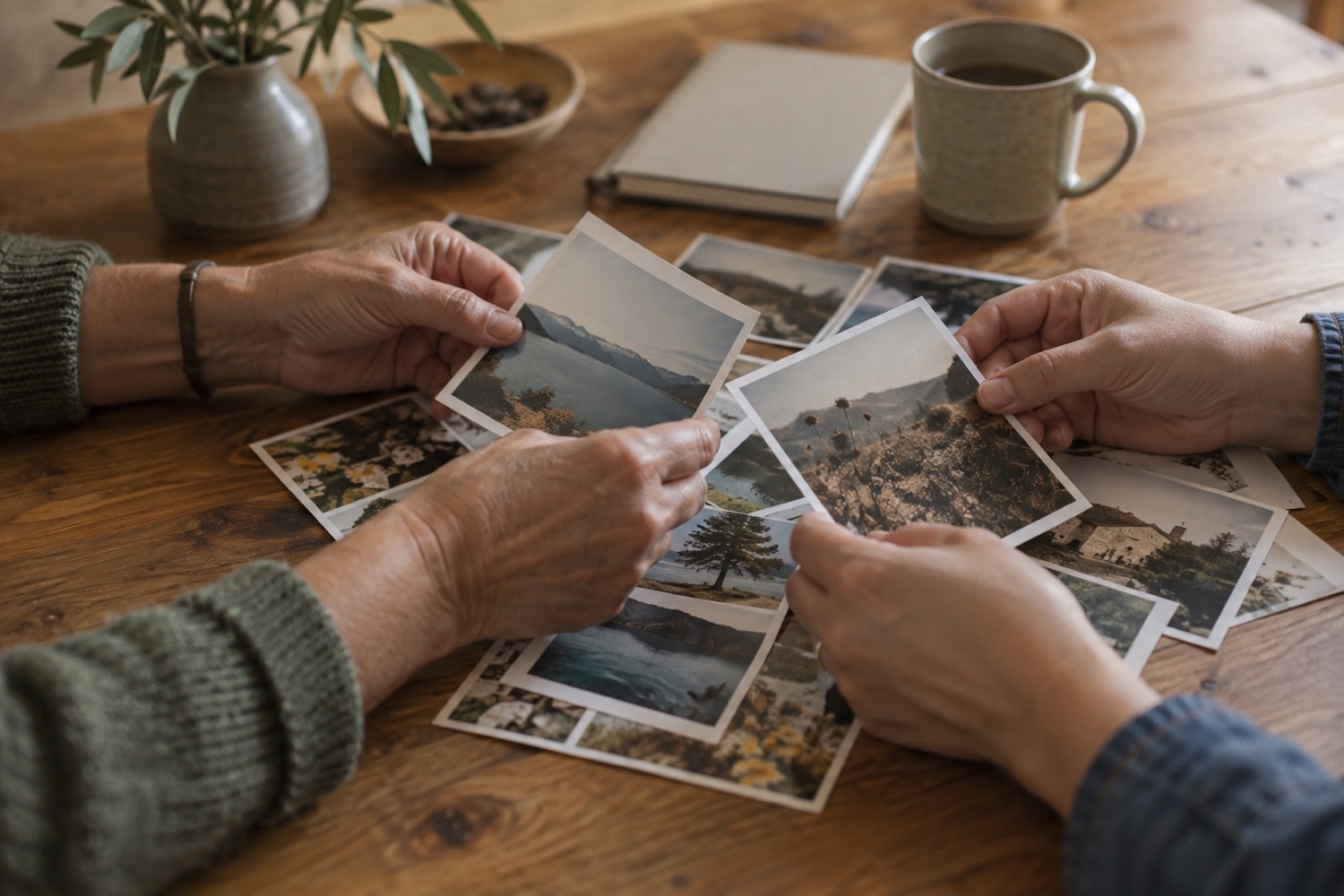 Two pairs of adult hands sorting family photographs on a wooden table