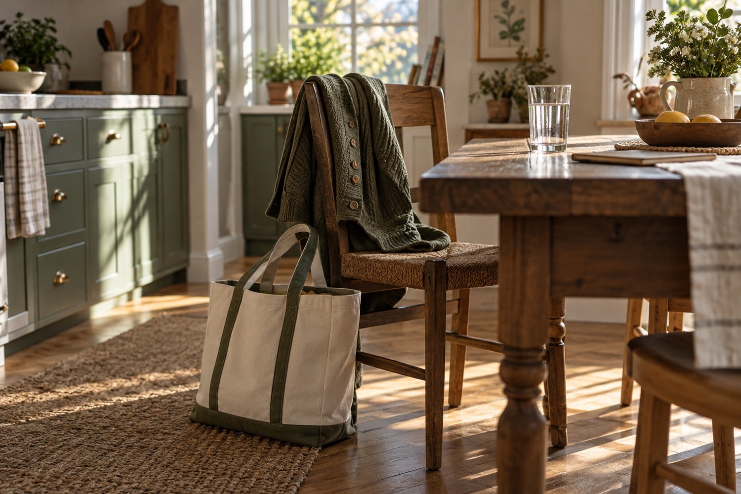 A canvas bag beside a kitchen chair with a cardigan and water nearby