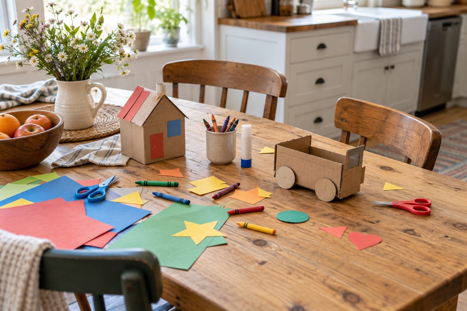 A family craft table with colored paper, crayons and unfinished cardboard shapes