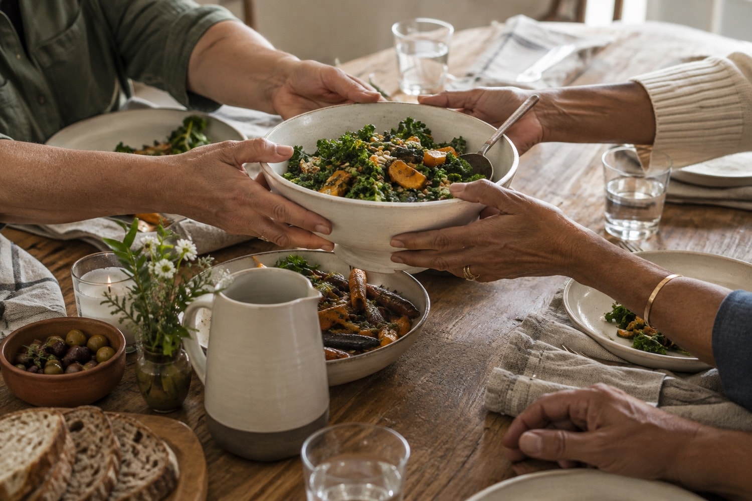 Adult hands passing a ceramic serving bowl across a family table