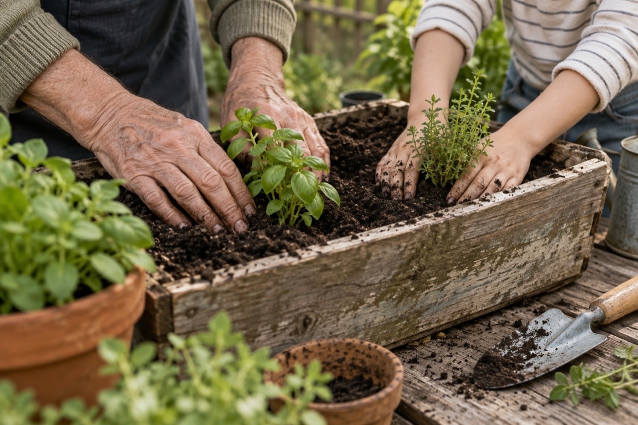 Older and younger hands planting green herbs together in a garden box