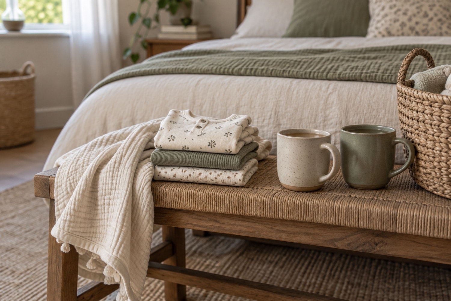 Folded neutral baby clothes and two mugs on a simple bedroom bench