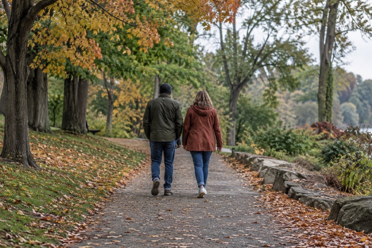 Two adults walking away side by side on a quiet tree-lined path