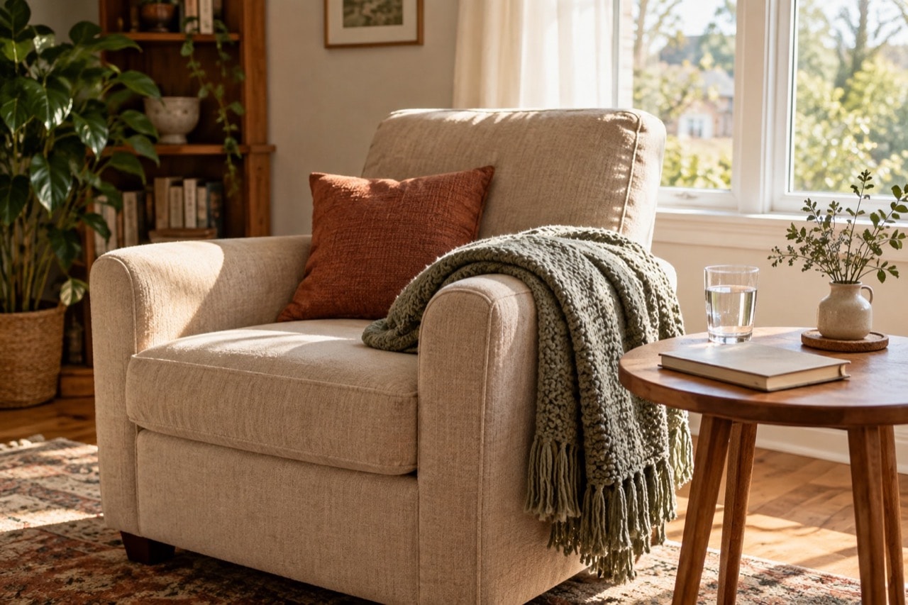 A quiet chair, folded blanket and glass of water beside a sunny window