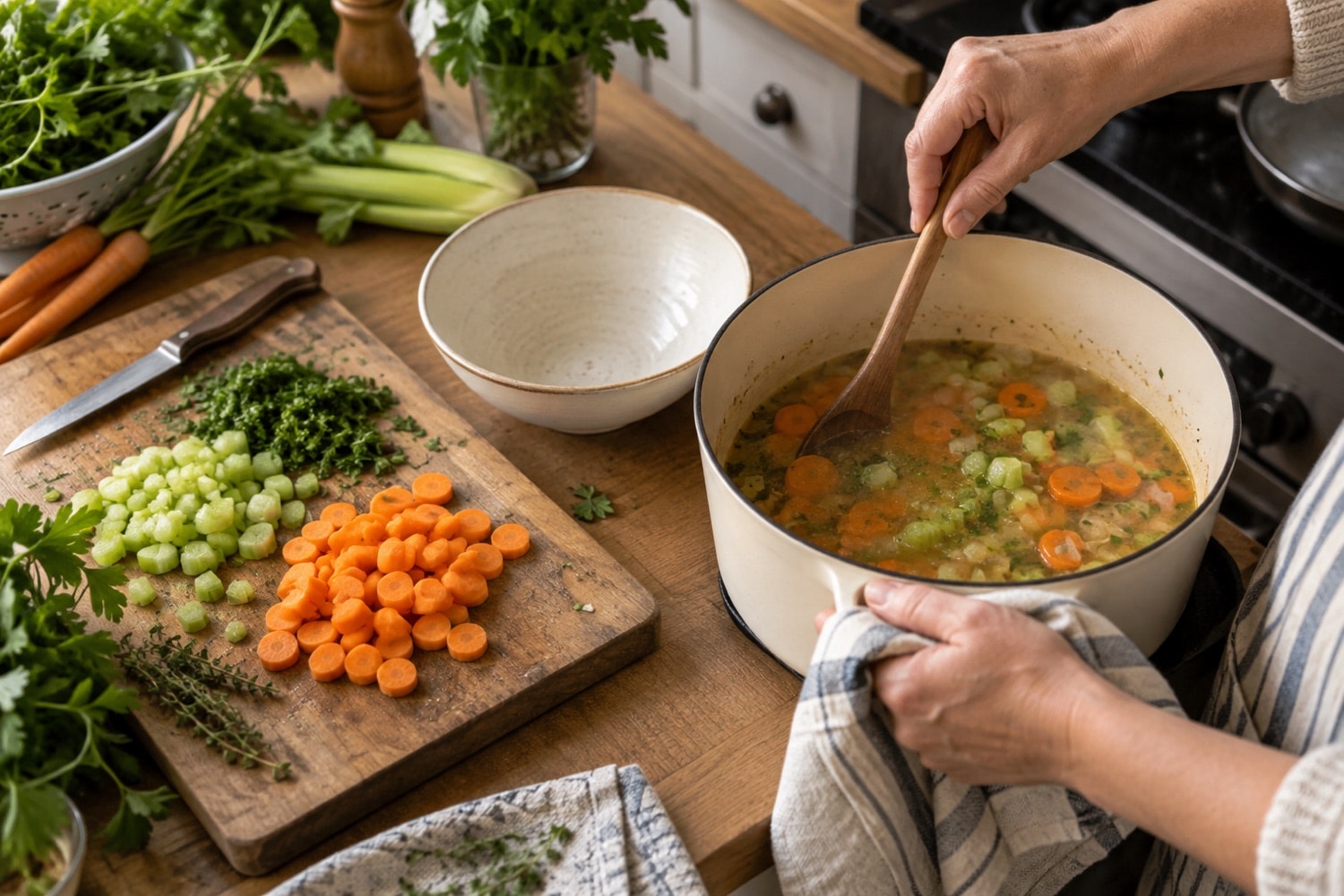 Adult hands preparing vegetables for soup on a home kitchen counter