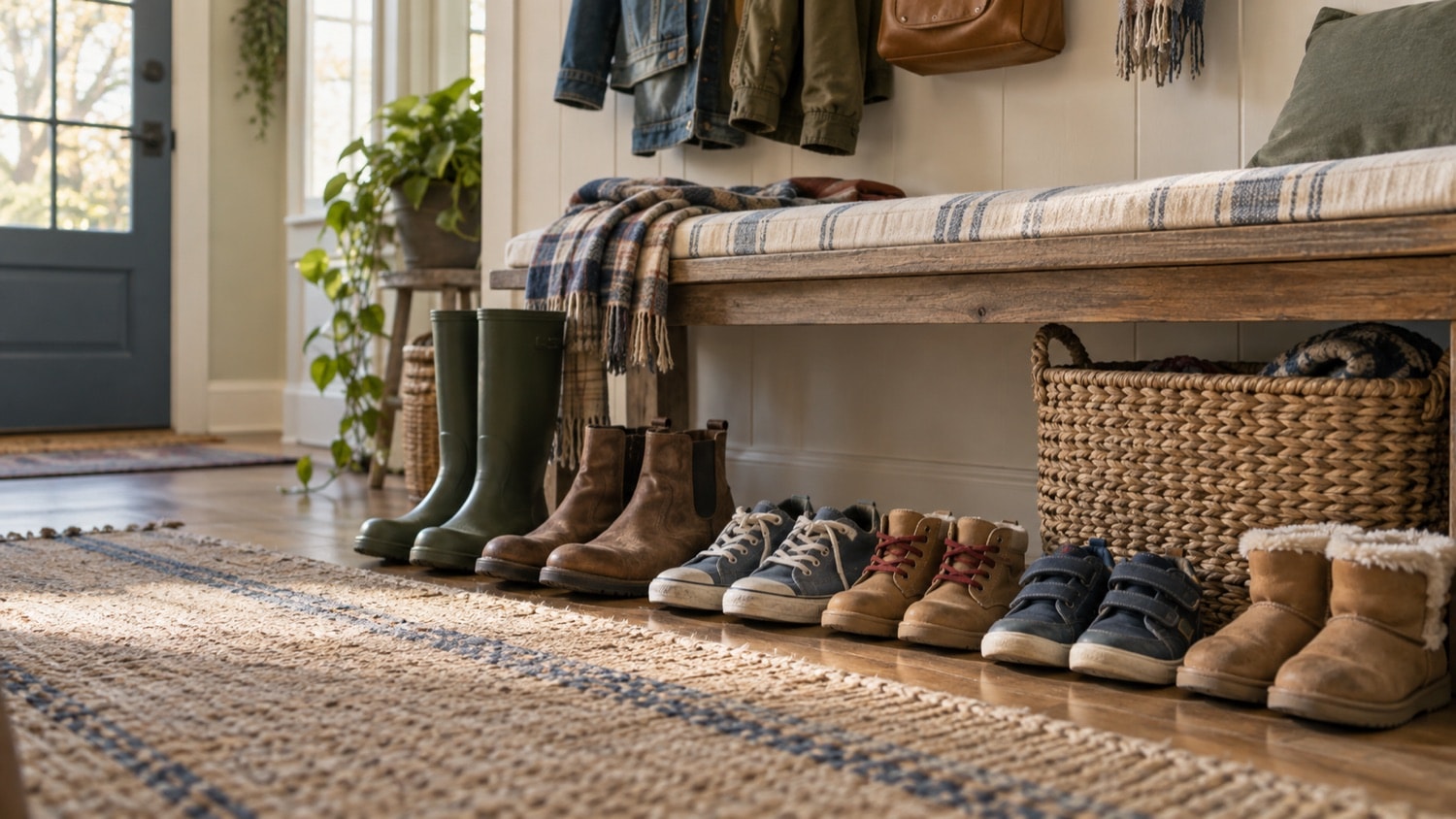 A mix of adult and child-sized shoes beside a home entry bench