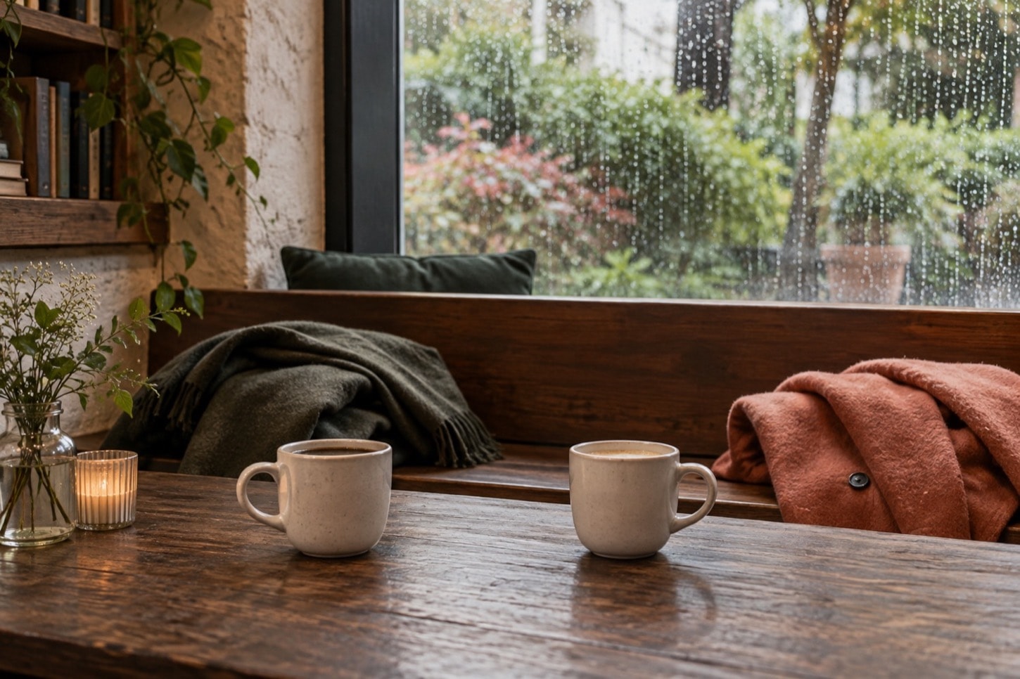 Two ceramic cups and folded coats beside a rain-softened window