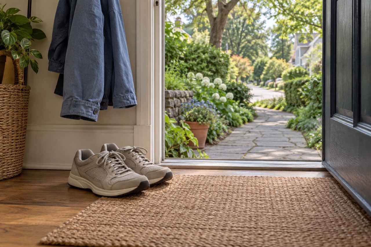 Plain walking shoes beside an open door leading to a leafy path